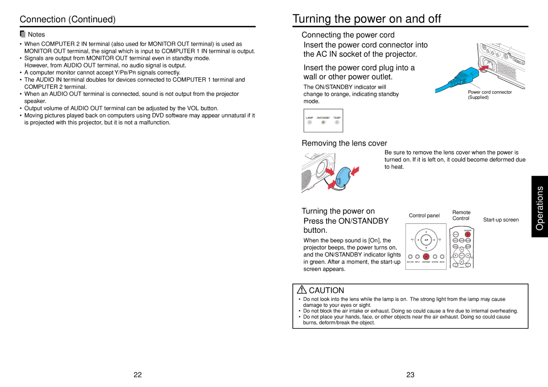 Toshiba TLF-XD2000 owner manual Turning the power on and off, Connection 