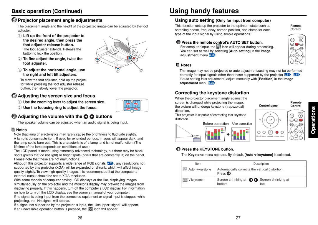 Toshiba TLF-XD2000 owner manual Using handy features, Basic operation 