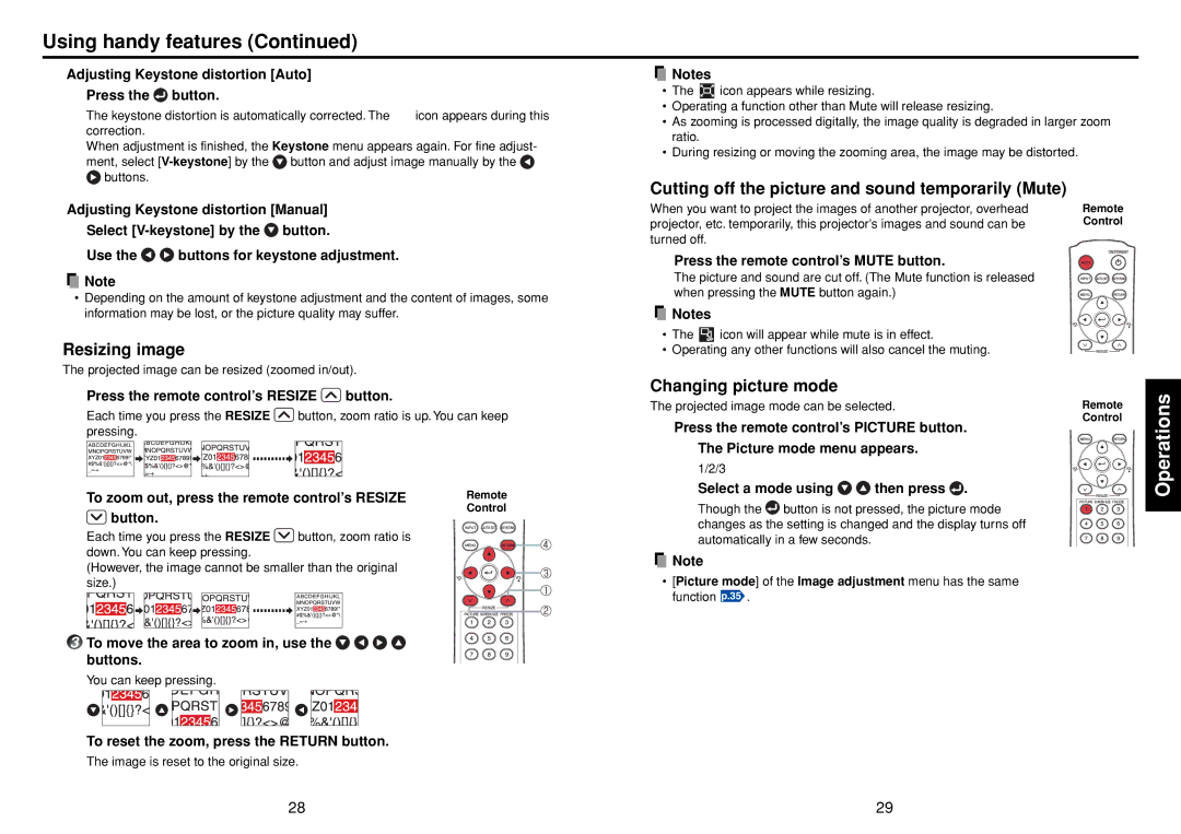 Toshiba TLF-XD2000 owner manual Using handy features, Resizing image, Cutting off the picture and sound temporarily Mute 