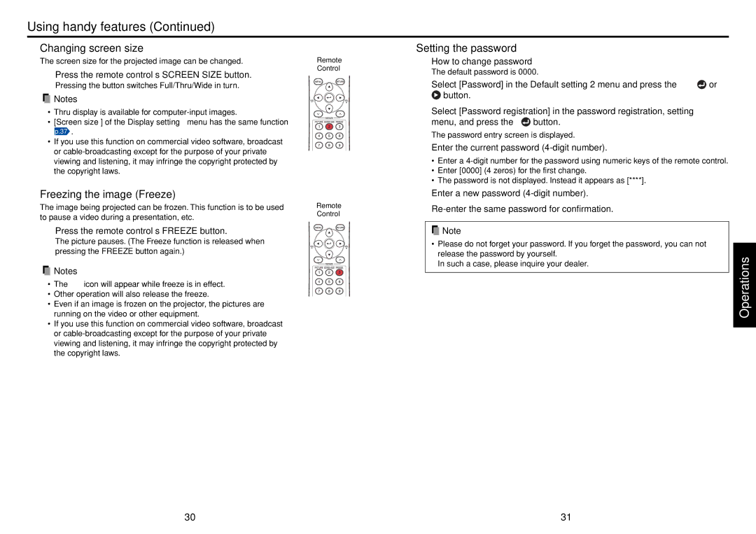 Toshiba TLF-XD2000 owner manual Changing screen size, Freezing the image Freeze, Setting the password 