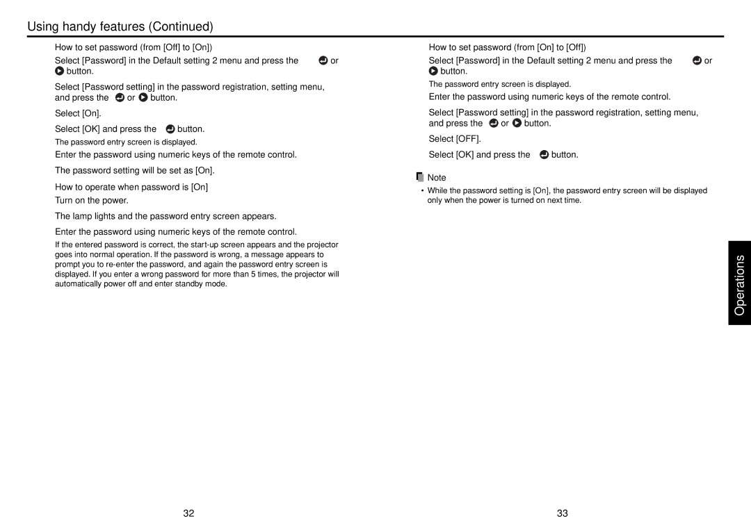 Toshiba TLF-XD2000 owner manual Operations 