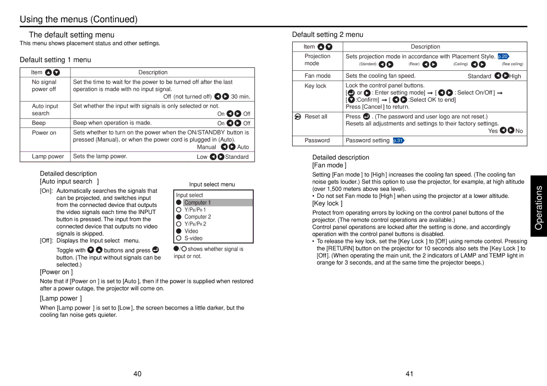 Toshiba TLF-XD2000 Default setting menu, Default setting 1 menu, Default setting 2 menu, Key lock, Power on Lamp power 