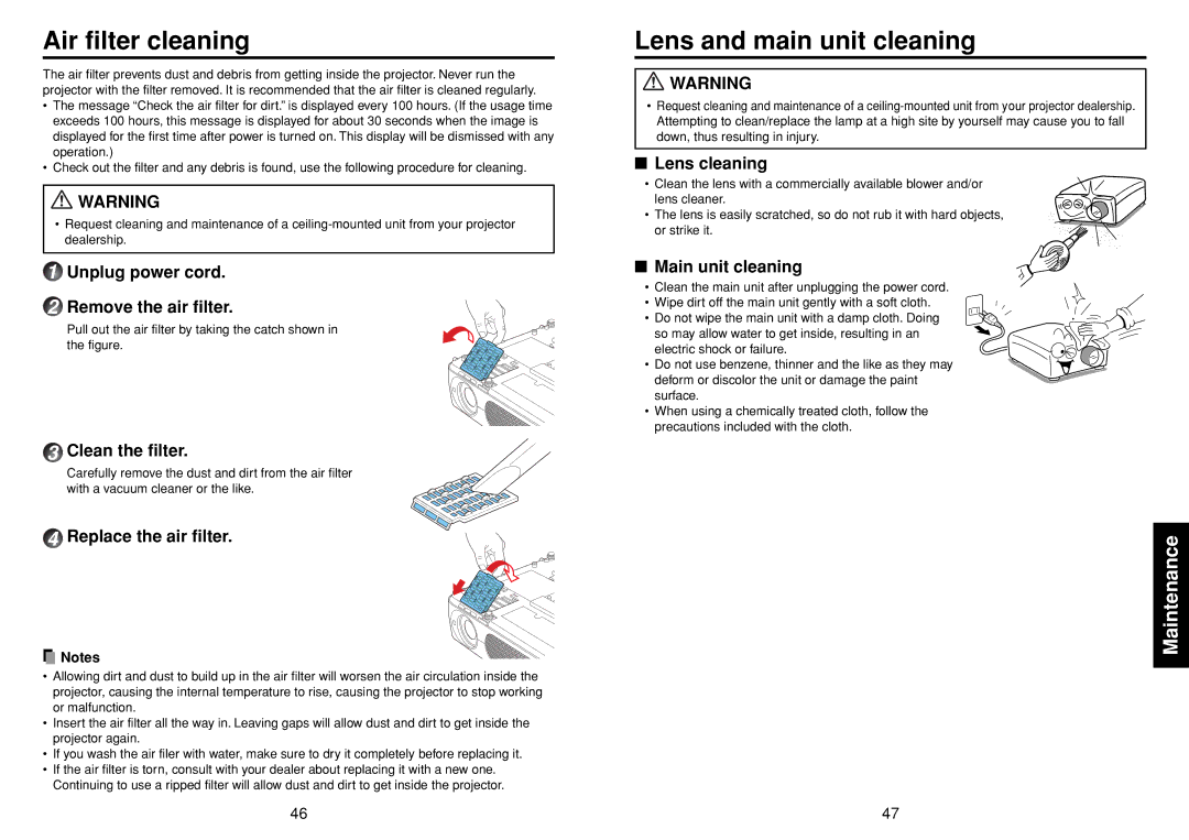 Toshiba TLF-XD2000 owner manual Air filter cleaning, Lens and main unit cleaning 