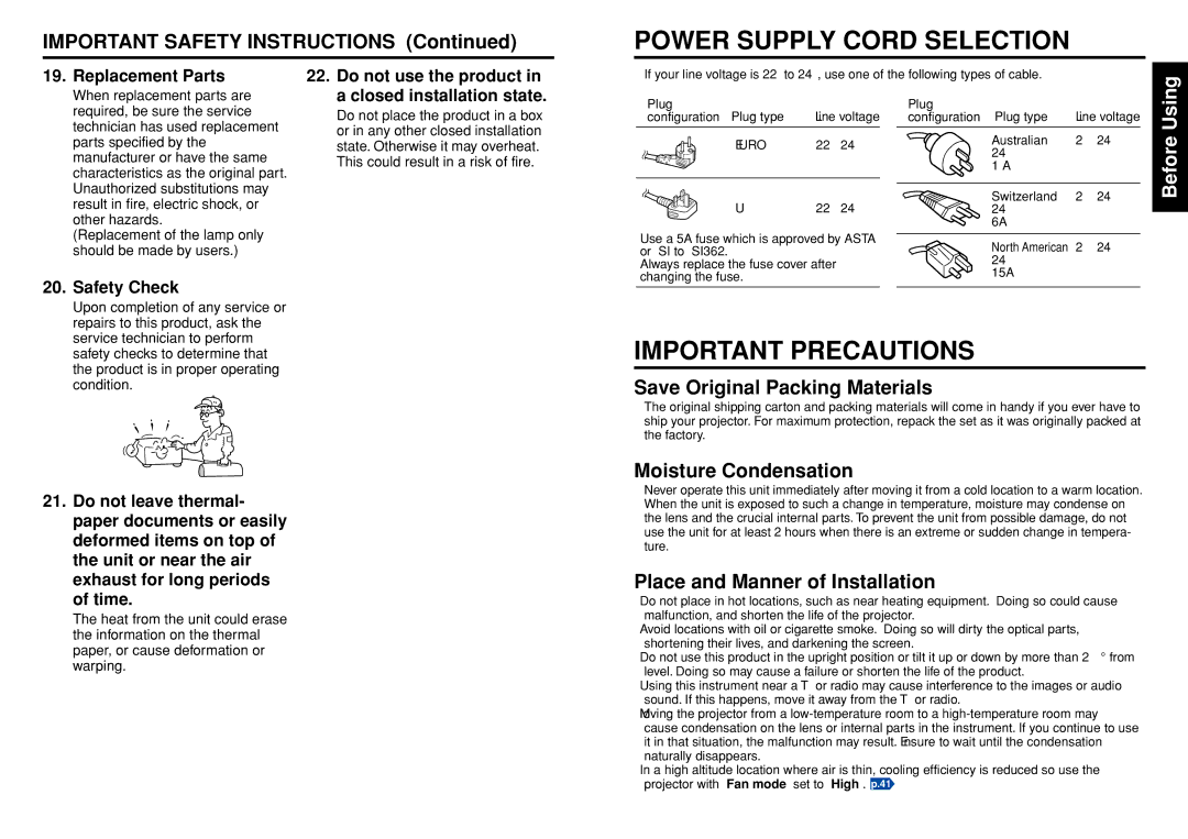 Toshiba TLF-XD2000 owner manual Power Supply Cord Selection, Important Precautions, Save Original Packing Materials 