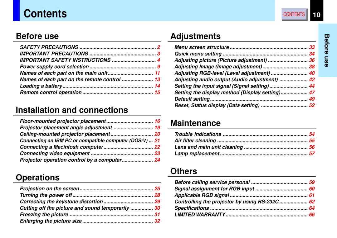 Toshiba TLP-B2 owner manual Contents 