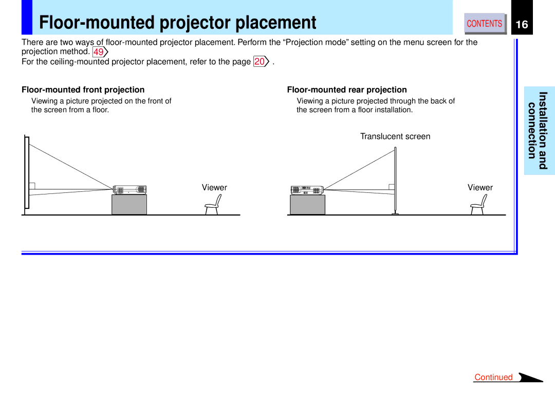 Toshiba TLP-B2 owner manual Floor-mounted projector placement, Translucent screen Viewer 