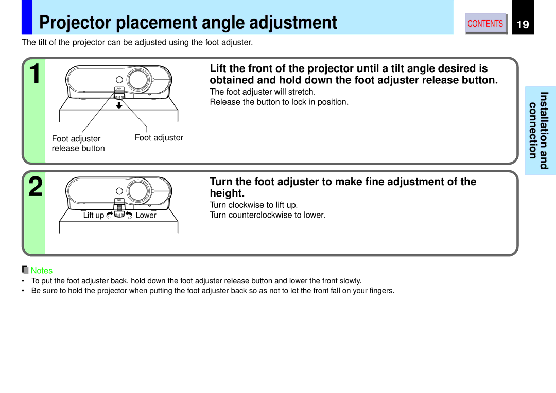 Toshiba TLP-B2 Projector placement angle adjustment, Height, Turn clockwise to lift up, Turn counterclockwise to lower 