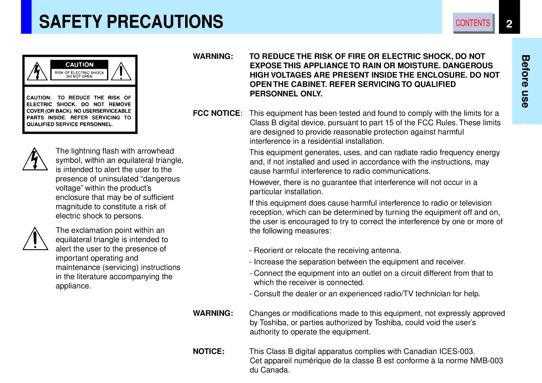 Toshiba TLP-B2 owner manual Safety Precautions, Before use 