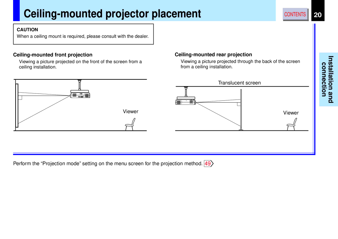 Toshiba TLP-B2 Ceiling-mounted projector placement, Ceiling-mounted front projection, Ceiling-mounted rear projection 