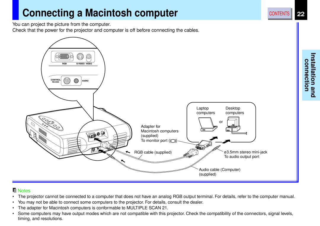 Toshiba TLP-B2 owner manual CONTROLRS-232CRGB S-VIDEOAUDIOVIDEO, Connecting a Macintosh computer 