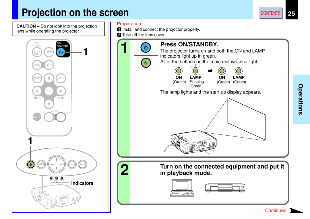 Toshiba TLP-B2 owner manual Projection on the screen, Press ON/STANDBY, Operations, Playback mode 