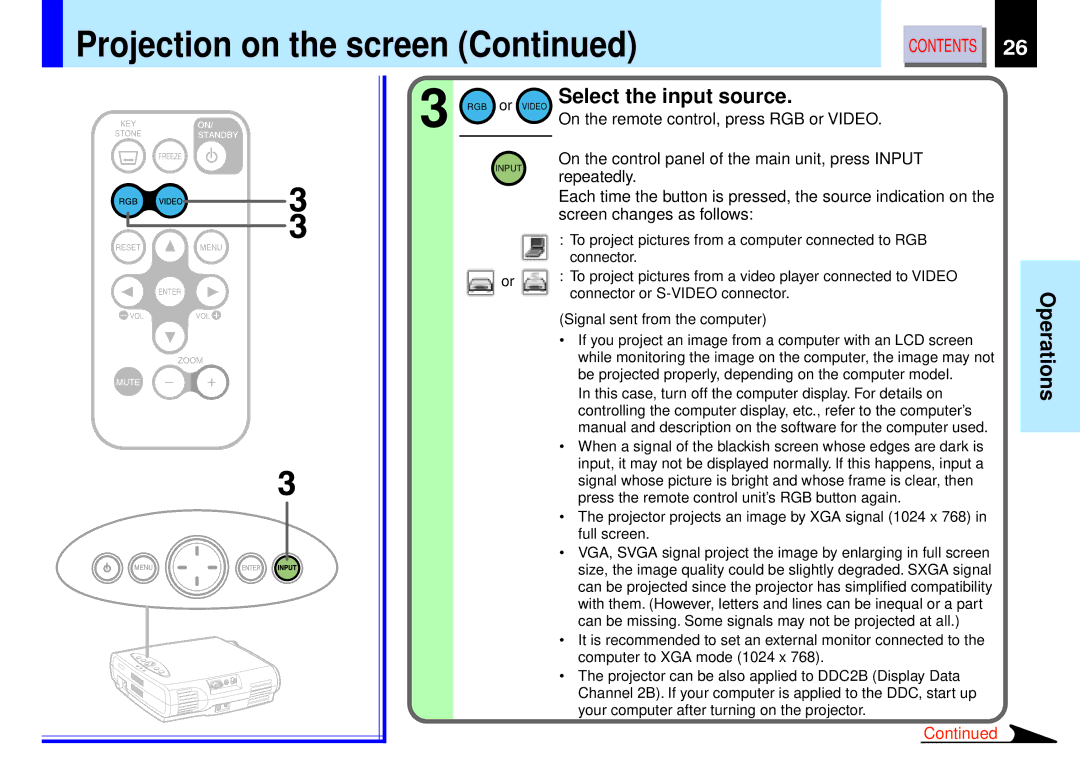 Toshiba TLP-B2 owner manual Projection on the screen, Select the input source, On the remote control, press RGB or Video 