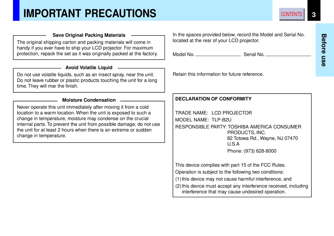 Toshiba TLP-B2 owner manual Important Precautions 