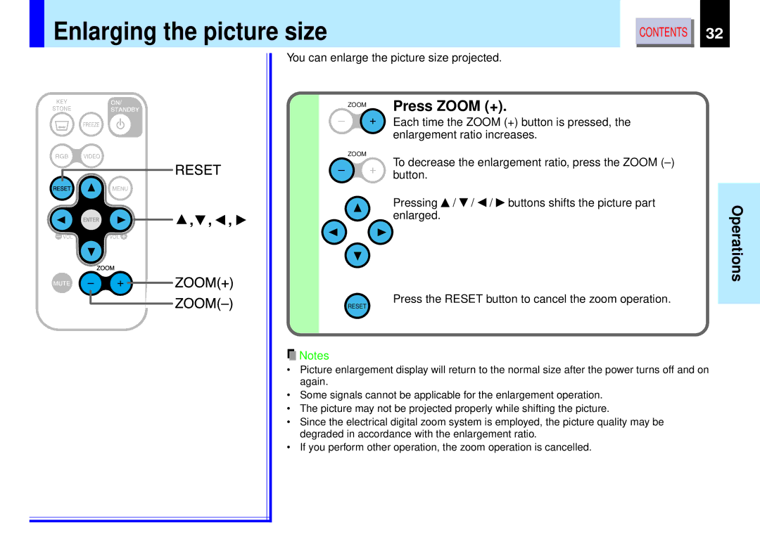 Toshiba TLP-B2 owner manual Enlarging the picture size, Press Zoom + 