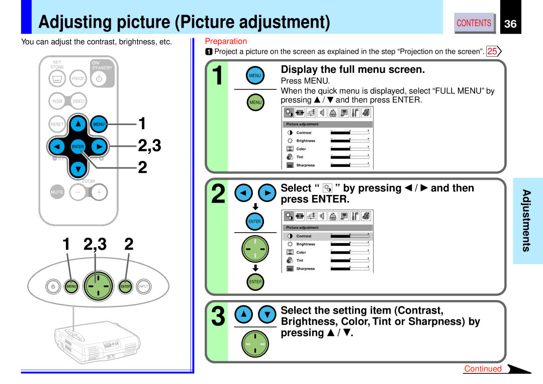 Toshiba TLP-B2 Adjusting picture Picture adjustment, Display the full menu screen, Select by pressing / and then 