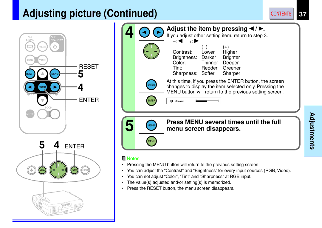 Toshiba TLP-B2 owner manual Adjusting picture, If you adjust other setting item, return to step 