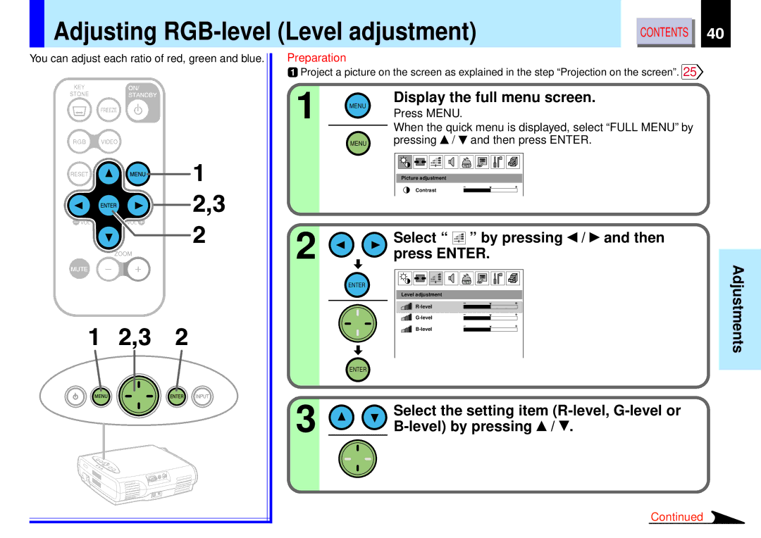 Toshiba TLP-B2 owner manual Adjusting RGB-level Level adjustment, Level by pressing 