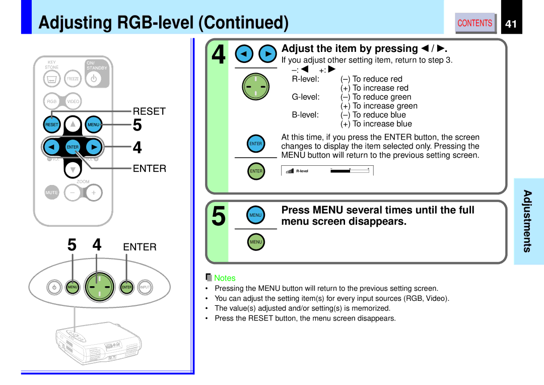 Toshiba TLP-B2 owner manual Enter, Adjusting RGB-level 