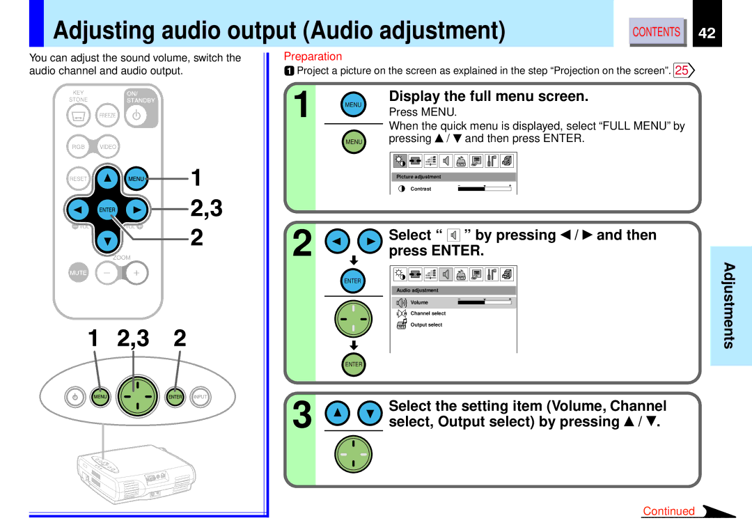 Toshiba TLP-B2 owner manual Adjusting audio output Audio adjustment, Select, Output select by pressing 