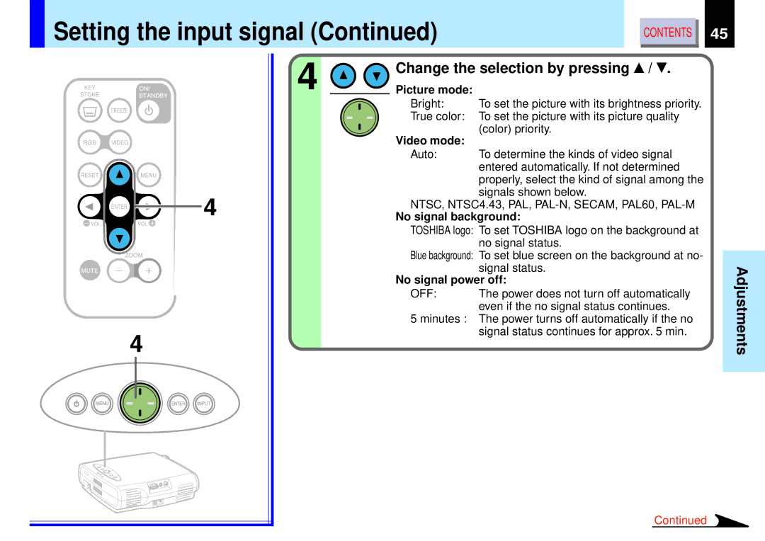 Toshiba TLP-B2 owner manual Picture mode, Video mode, No signal background, No signal power off 