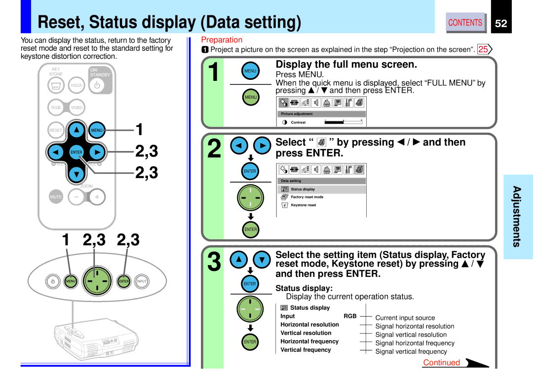 Toshiba TLP-B2 owner manual Reset, Status display Data setting, Display the current operation status 