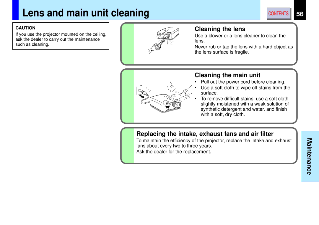 Toshiba TLP-B2 owner manual Lens and main unit cleaning, Cleaning the lens, Cleaning the main unit 