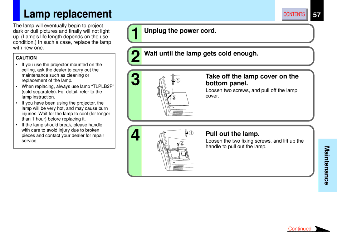 Toshiba TLP-B2 owner manual Lamp replacement, Unplug the power cord Wait until the lamp gets cold enough, Pull out the lamp 