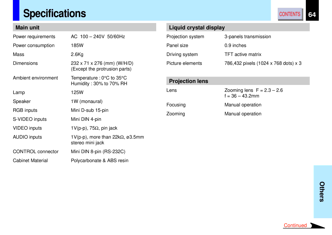 Toshiba TLP-B2 owner manual Specifications, Main unit 