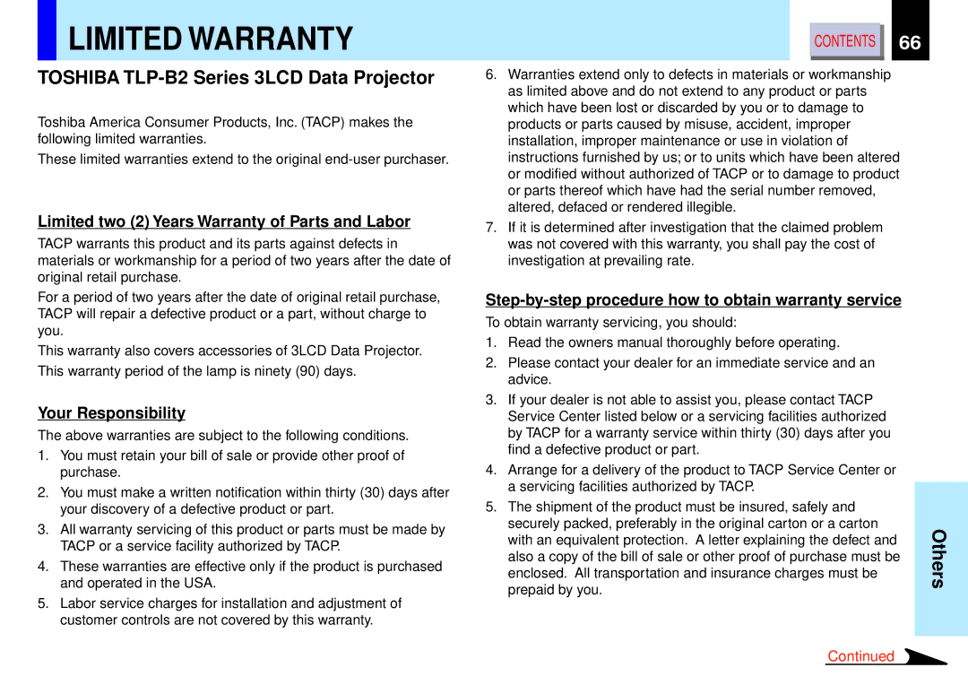 Toshiba owner manual Limited Warranty, Toshiba TLP-B2 Series 3LCD Data Projector 