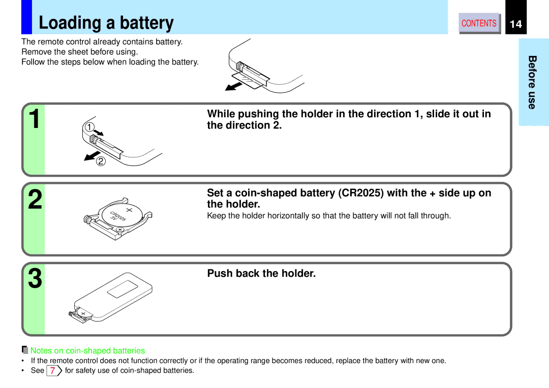 Toshiba TLP-B2ultra owner manual Loading a battery, Push back the holder 