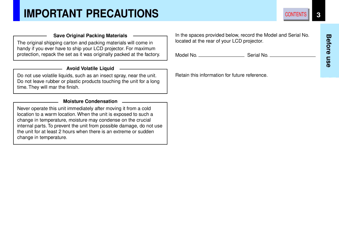 Toshiba TLP-B2ultra owner manual Important Precautions 