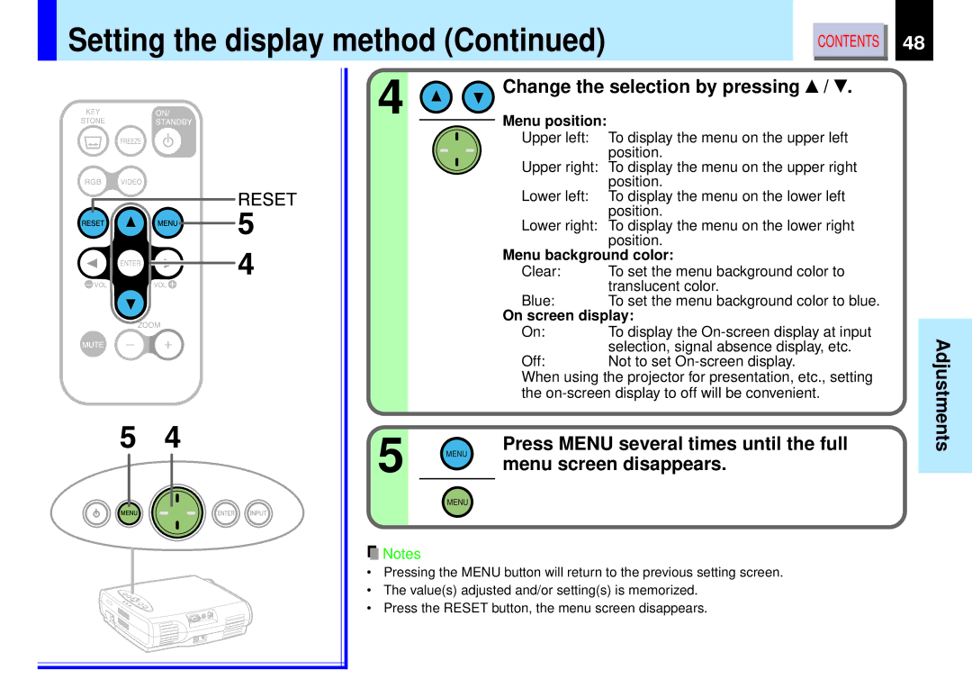 Toshiba TLP-B2ultra Setting the display method, Change the selection by pressing, Menu position, Menu background color 