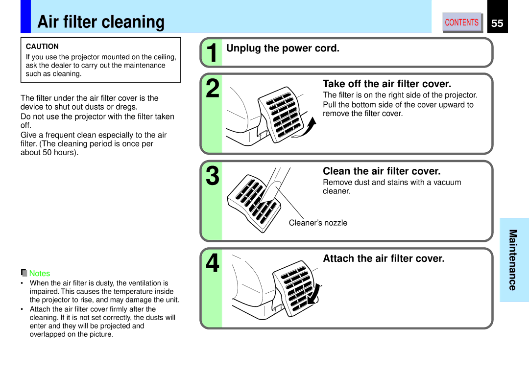 Toshiba TLP-B2ultra Air filter cleaning, Unplug the power cord Take off the air filter cover, Clean the air filter cover 