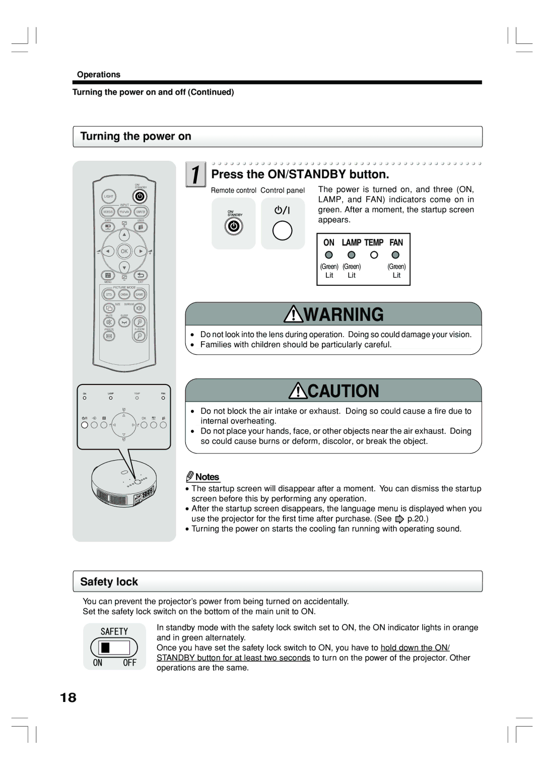 Toshiba TLP-ET1B, TLP-ET1E, TLP-ET1U Press the ON/STANDBY button, Safety lock, Operations Turning the power on and off 