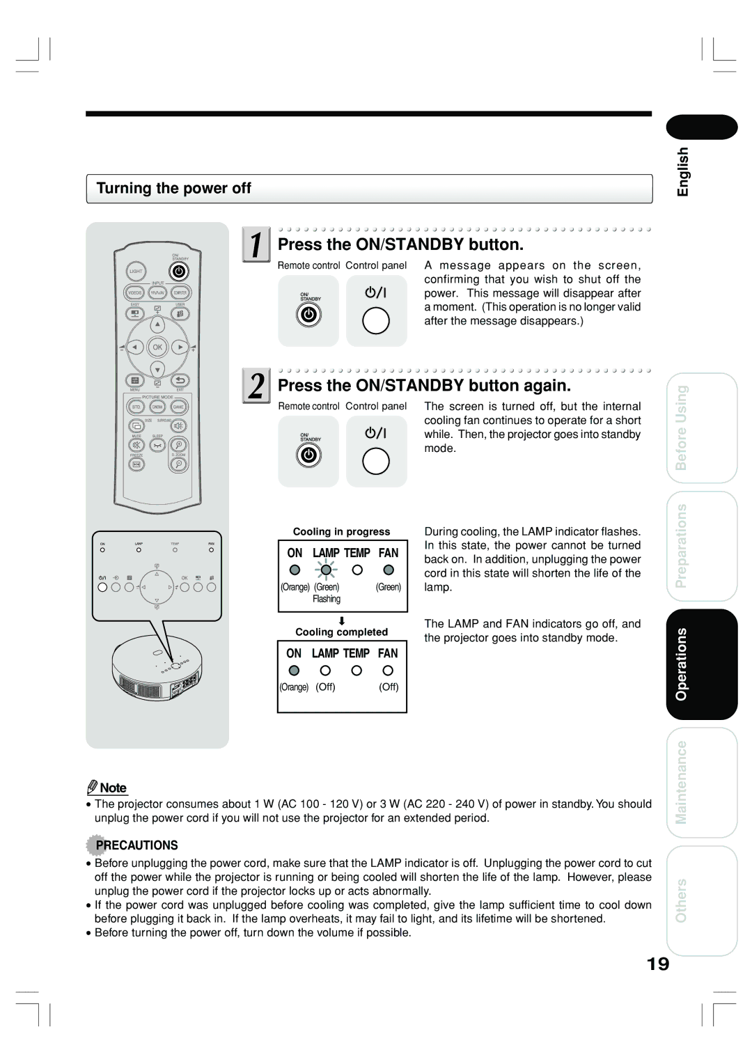 Toshiba TLP-ET1E, TLP-ET1B, TLP-ET1U owner manual Press the ON/STANDBY button again, Turning the power off 