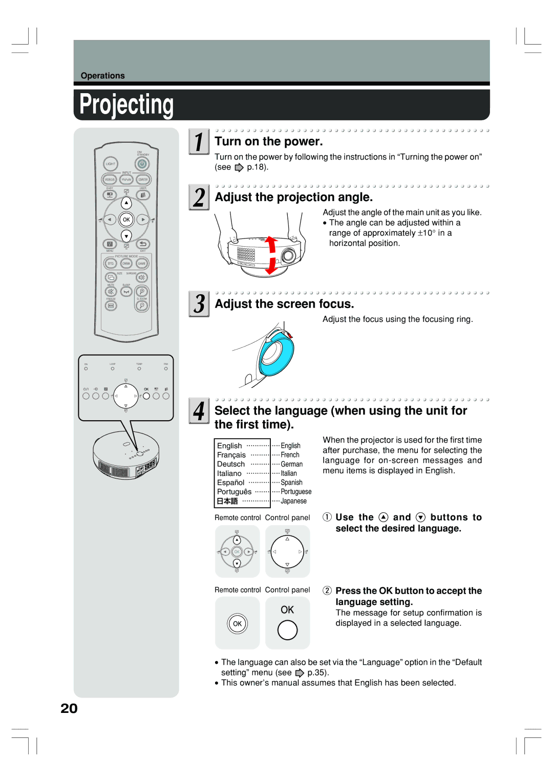 Toshiba TLP-ET1U, TLP-ET1B, TLP-ET1E Projecting, Turn on the power, Adjust the projection angle, Adjust the screen focus 