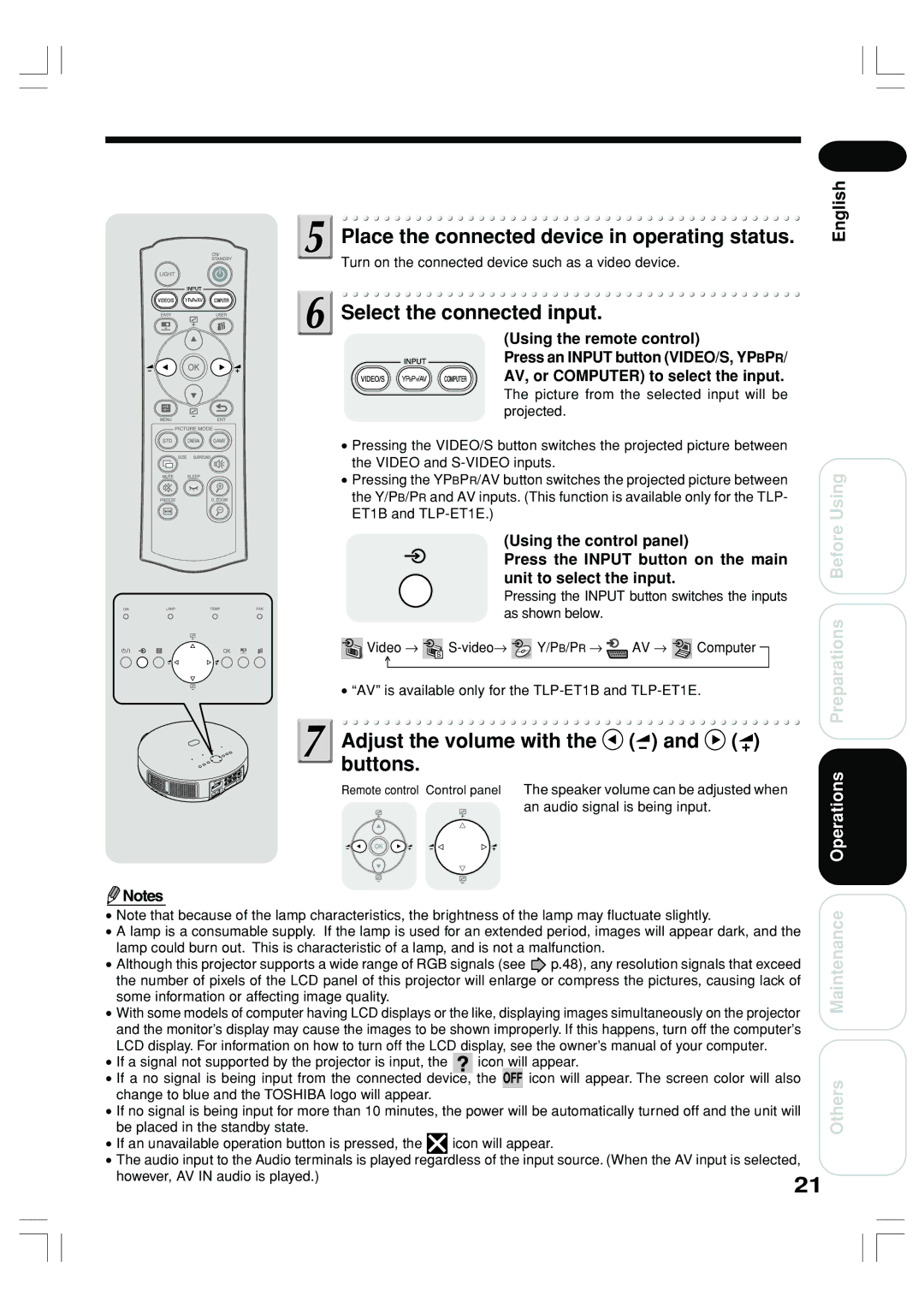 Toshiba TLP-ET1B, TLP-ET1E, TLP-ET1U owner manual Place the connected device in operating status, Select the connected input 