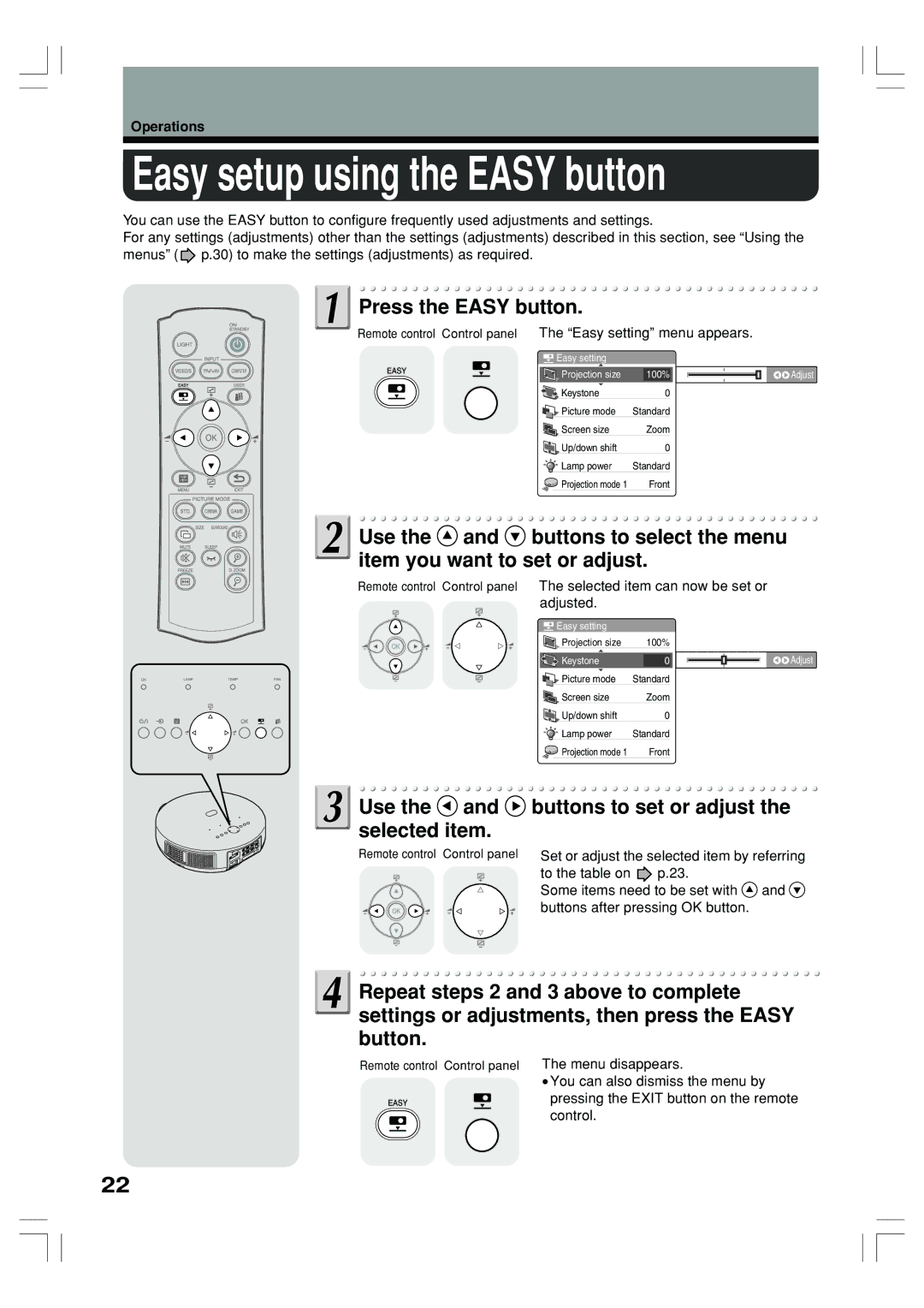 Toshiba TLP-ET1E, TLP-ET1B, TLP-ET1U owner manual Easy setup using the Easy button, Press the Easy button 