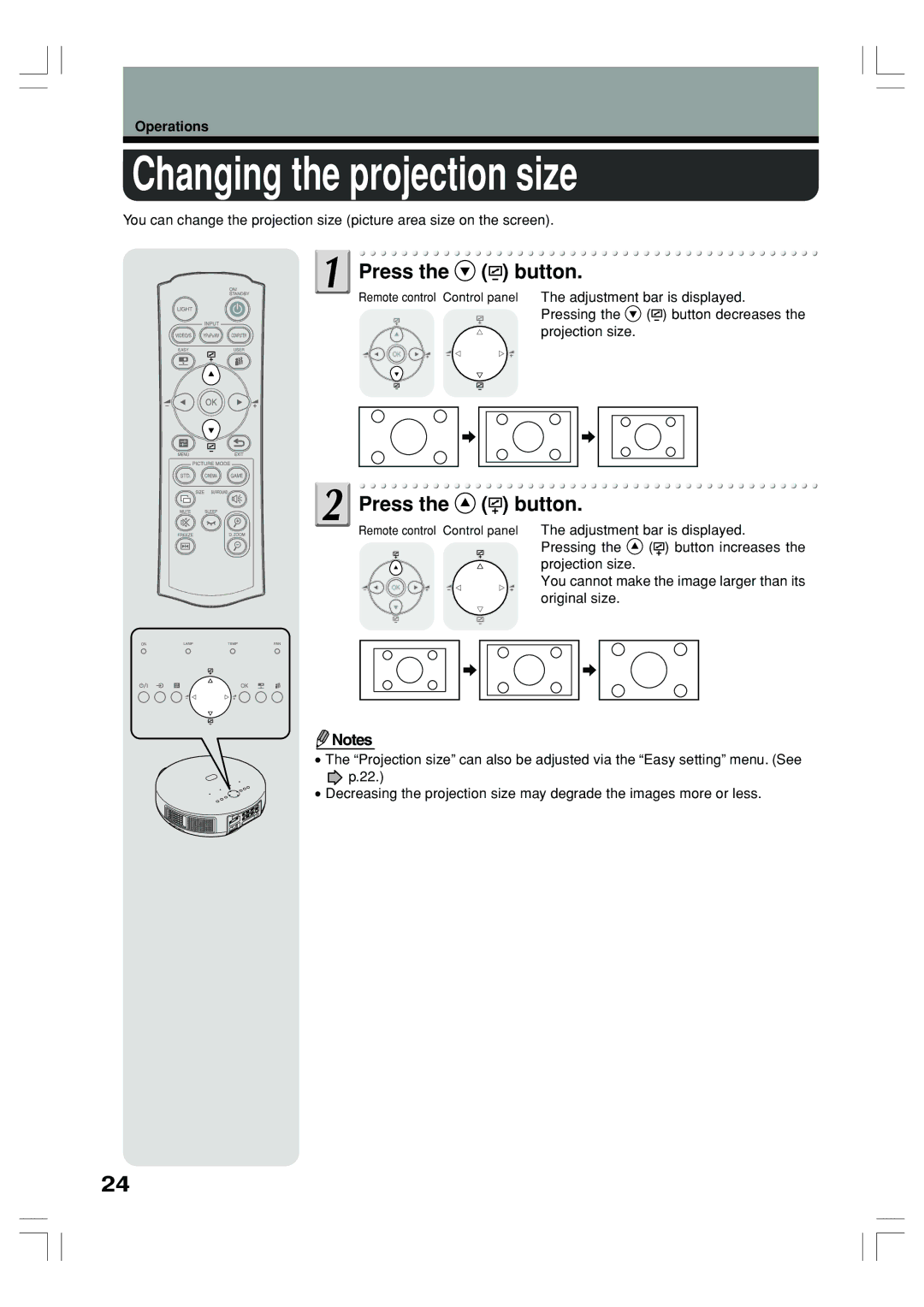 Toshiba TLP-ET1B, TLP-ET1E, TLP-ET1U owner manual Changing the projection size, Press the button, Press Button 