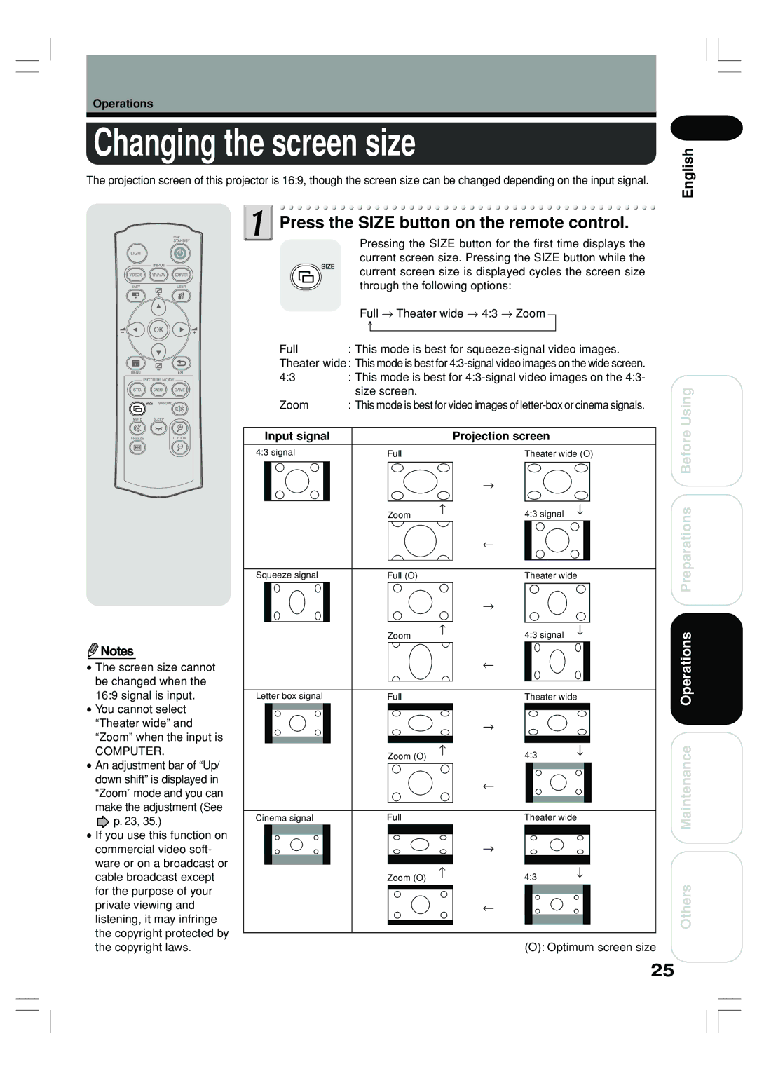 Toshiba TLP-ET1E Changing the screen size, Press the Size button on the remote control, Input signal Projection screen 