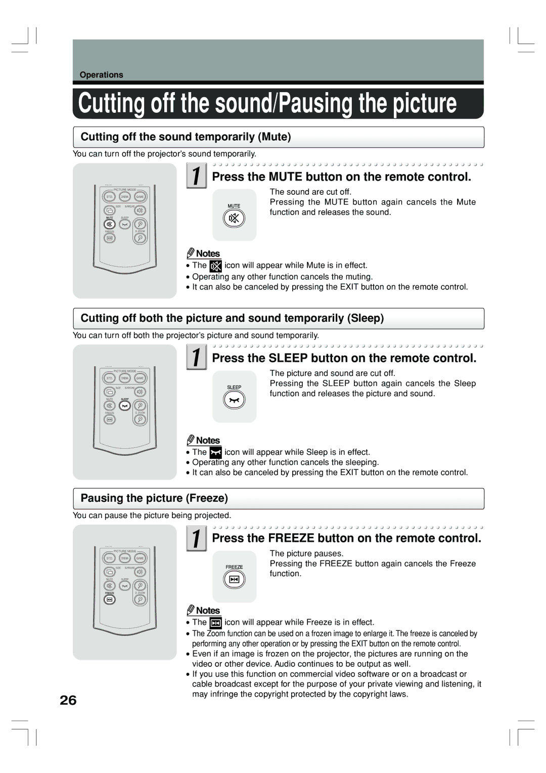 Toshiba TLP-ET1U, TLP-ET1B Press the Mute button on the remote control, Press the Sleep button on the remote control 