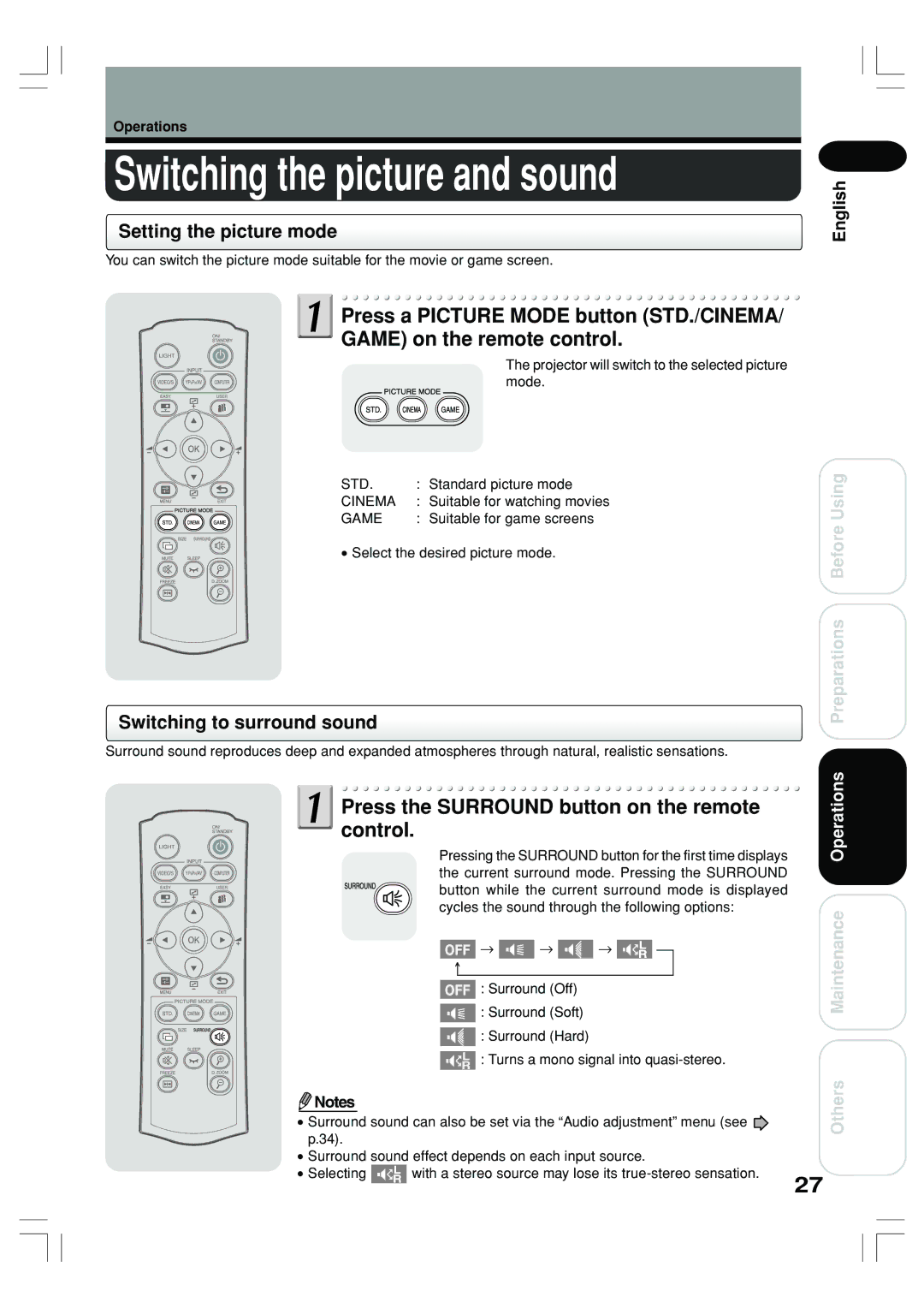 Toshiba TLP-ET1B, TLP-ET1E, TLP-ET1U Switching the picture and sound, Press the Surround button on the remote control 