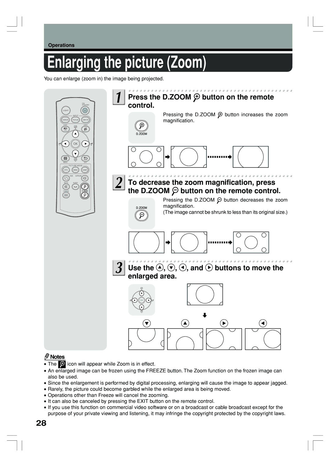 Toshiba TLP-ET1E, TLP-ET1B, TLP-ET1U owner manual Enlarging the picture Zoom, Press the D.ZOOM button on the remote control 