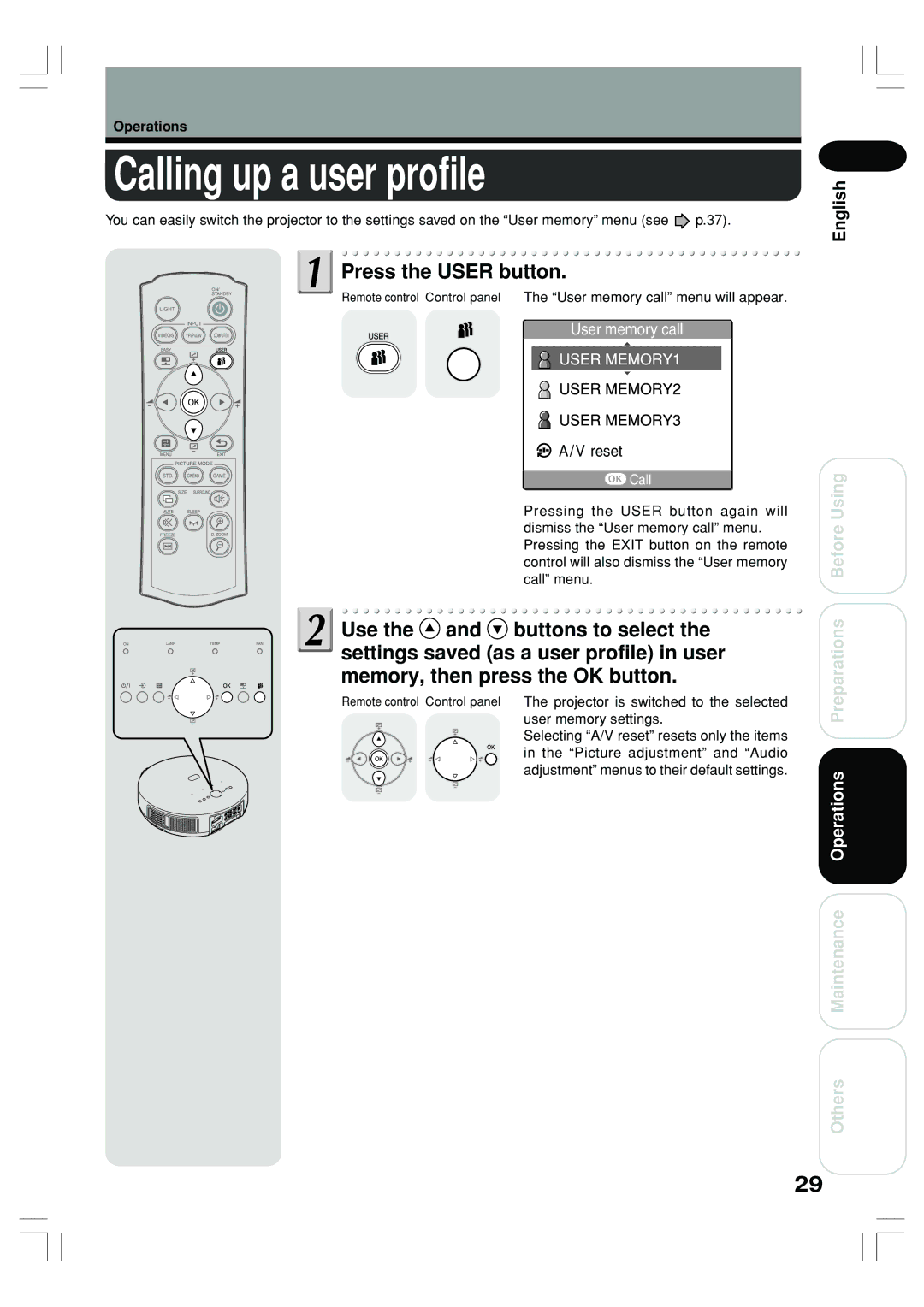 Toshiba TLP-ET1U, TLP-ET1B, TLP-ET1E owner manual Calling up a user profile, Press the User button 