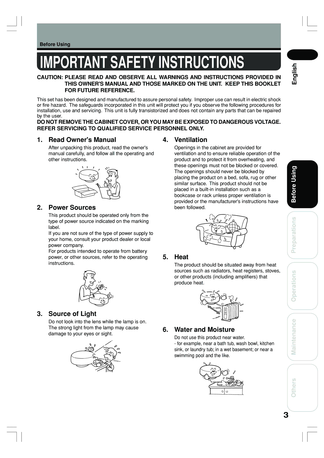 Toshiba TLP-ET1B, TLP-ET1E, TLP-ET1U owner manual Power Sources, Source of Light, Ventilation, Heat, Water and Moisture 