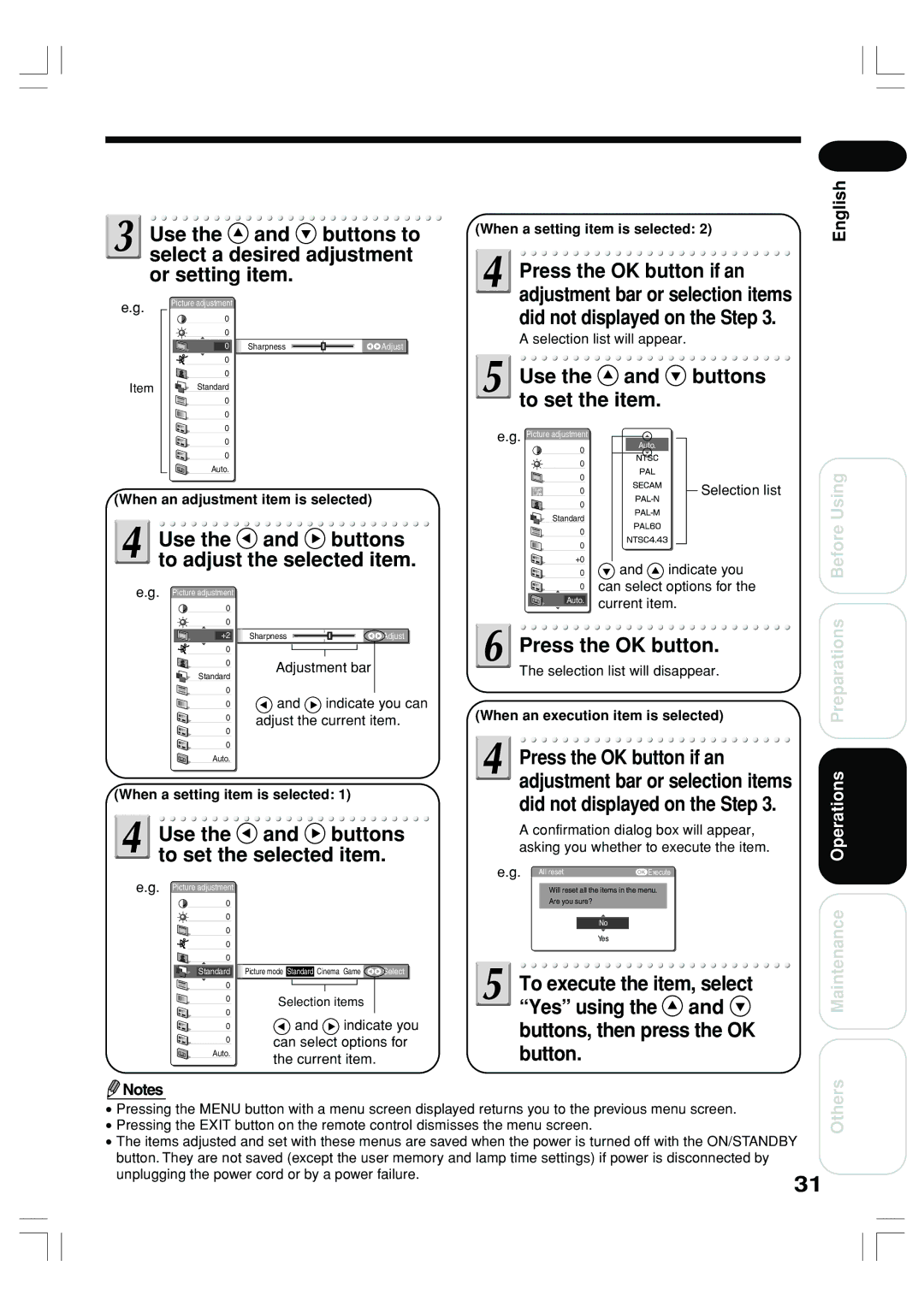 Toshiba TLP-ET1E, TLP-ET1B, TLP-ET1U Use the and buttons to set the item, Use the and buttons to adjust the selected item 