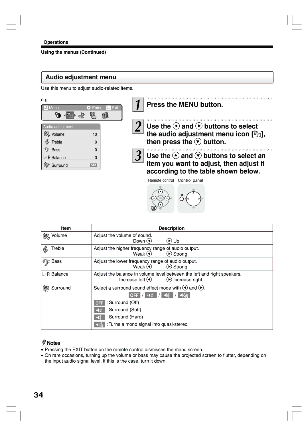 Toshiba TLP-ET1E, TLP-ET1B, TLP-ET1U owner manual Audio adjustment menu, Description 