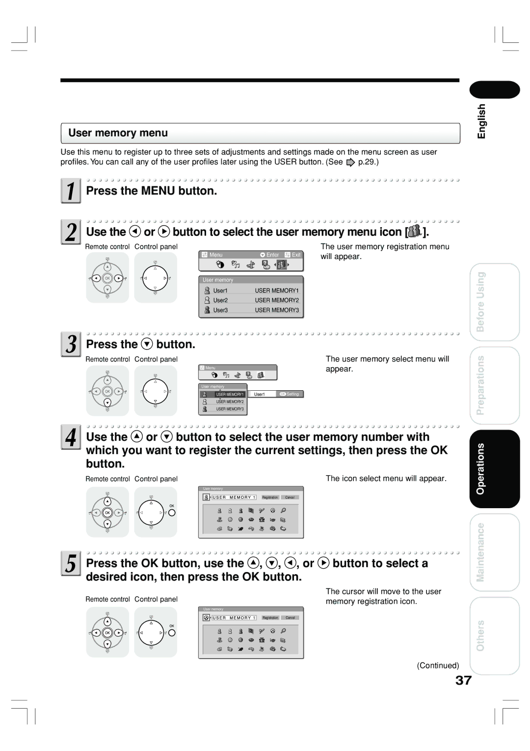 Toshiba TLP-ET1E, TLP-ET1B, TLP-ET1U owner manual Press the button, User memory menu 