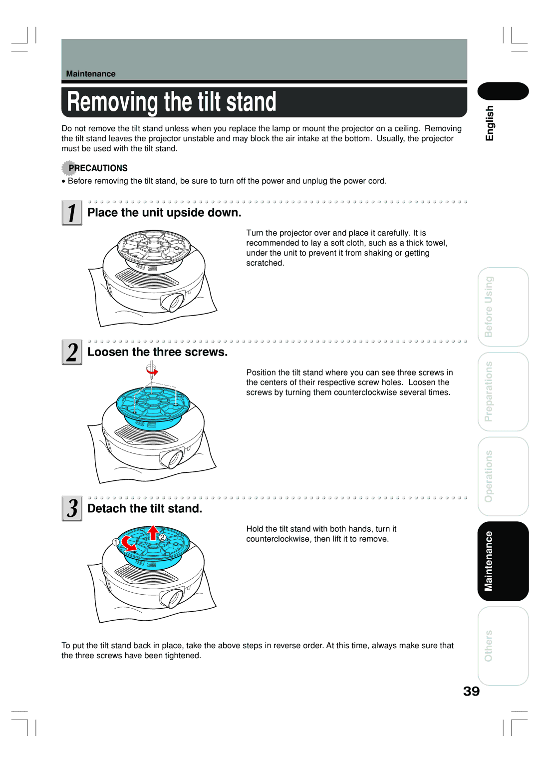 Toshiba TLP-ET1B, TLP-ET1E, TLP-ET1U owner manual Removing the tilt stand, Maintenance 