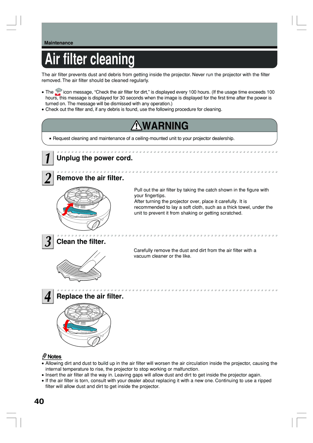 Toshiba TLP-ET1E, TLP-ET1B, TLP-ET1U owner manual Air filter cleaning 